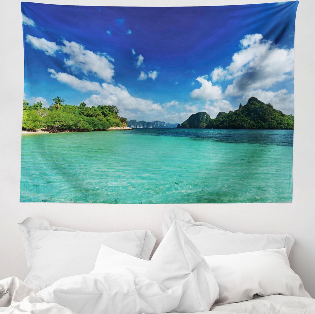 ABAKUHAUS Landschaft Wandteppich, Botanic Sea Mountain aus Weiches Mikrofaser Stoff Waschbar ohne Verblassen Digitaldruck, 150 x 110 cm, Türkis Gr...