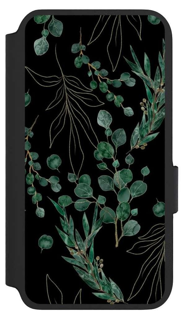 NIVOCASE Klapphülle für Samsung Galaxy S22 Handyhülle aus Kunst Leder NIVOflip schwarz Blätter Natur Eukalyptus