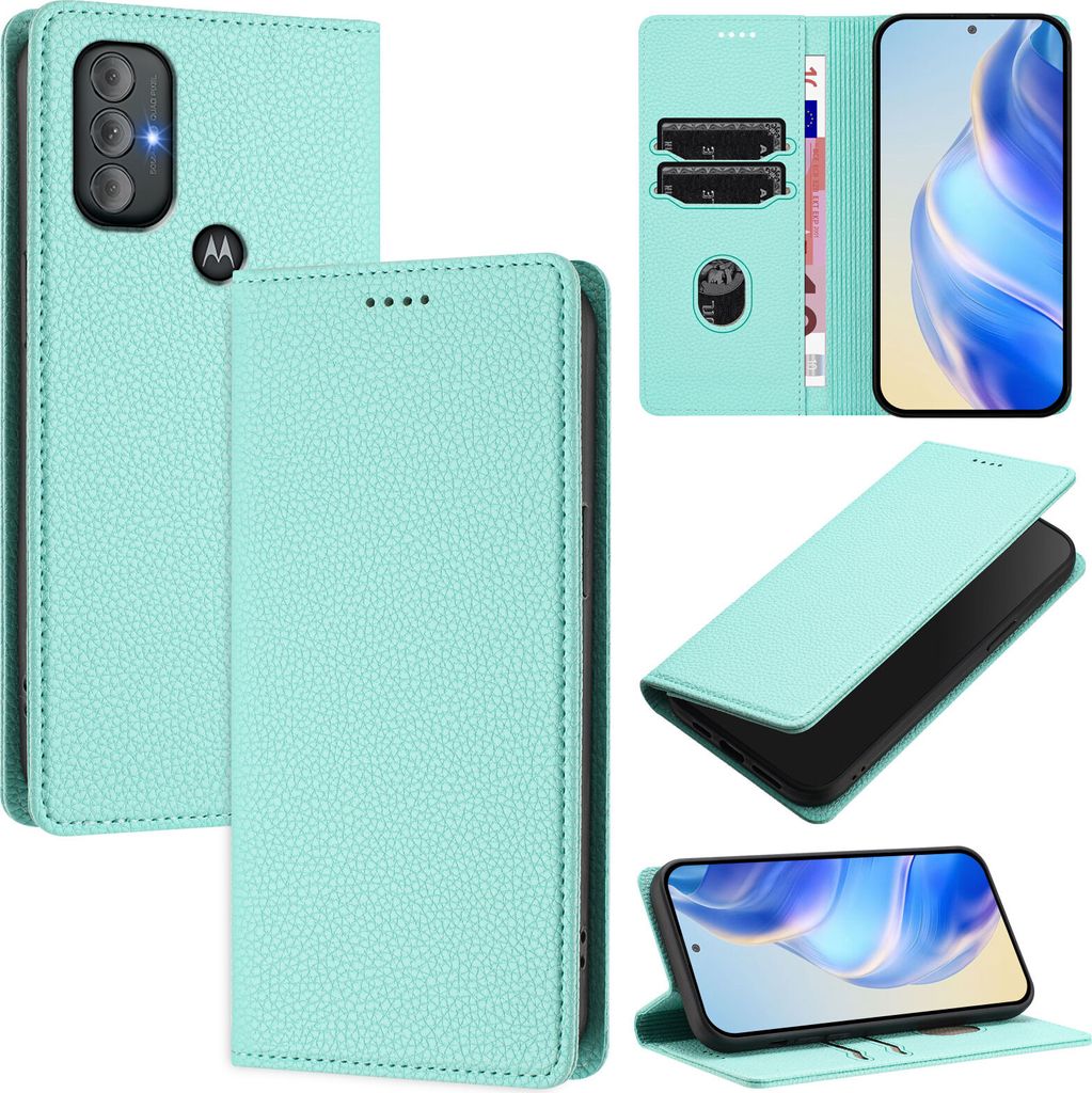 Litchi Leder Handyhülle für Motorola Moto G Power 2022 Wallet Kartenfächer Standfunktion Hülle Türkis