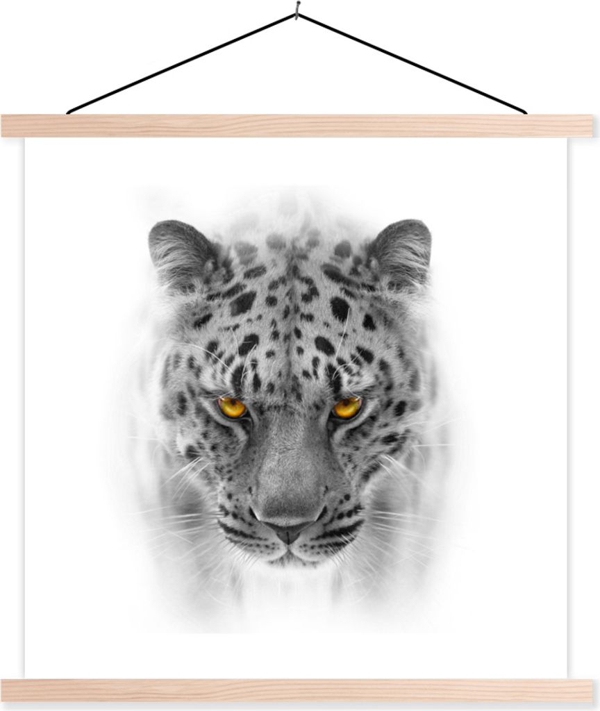 MuchoWow Textilposter Leopard - Schwarz - Weiß - Tiere 40x40 cm mit holzfarbenen Rahmen - Posterleiste