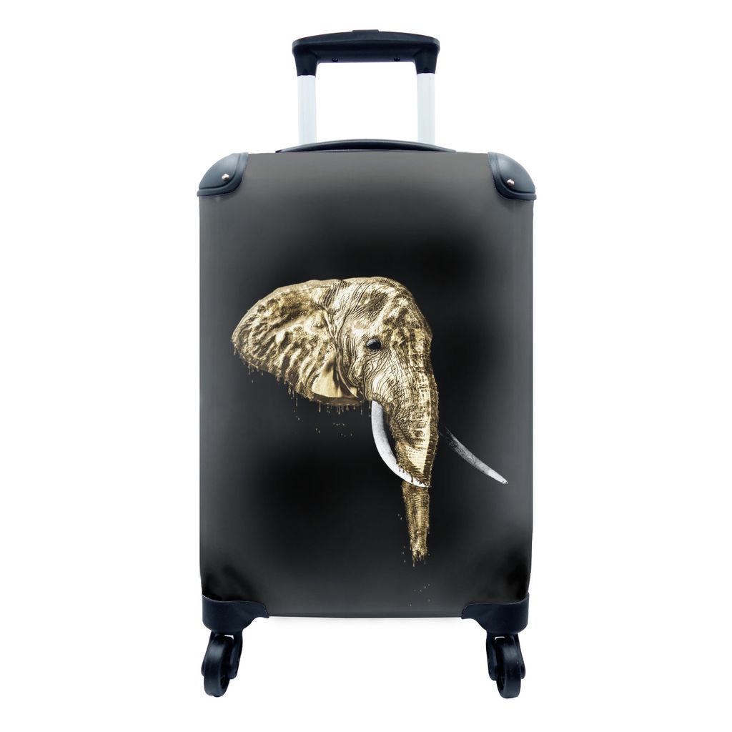 MuchoWow Koffer Handgepäck Trolley Rollkoffer Kleine Reisekoffer mit 4 Rollen - Elefant - Schwarz - Gold - Cabin Size < 55x40x23 cm & 55x40x20 c...
