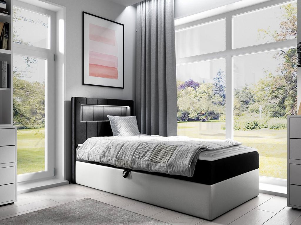 MIRJAN24 Boxspringbett Gold Junior 1 100x200, Einzelbett mit Bonellfederkern, Härtegrad - H3 (Farbe: Soft 017 + Fresh 17, Seite zum Öffnen des Be...