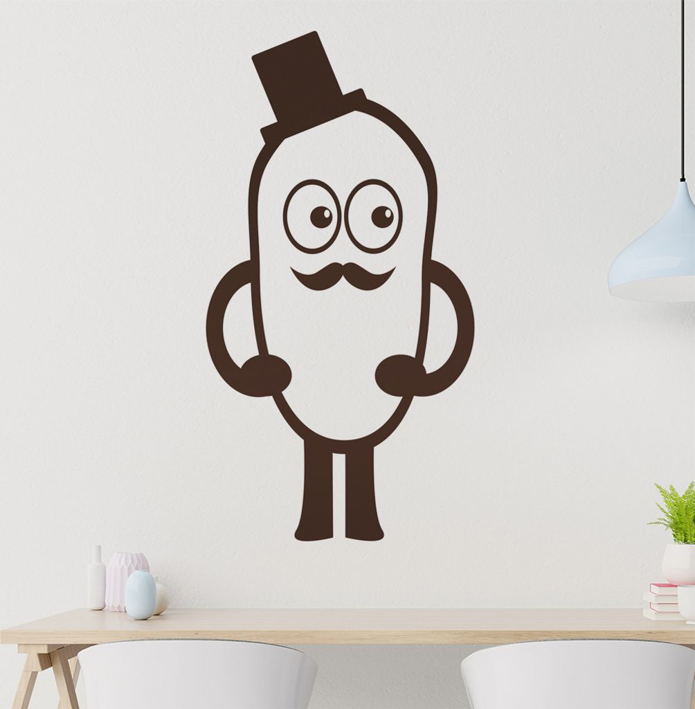 Bohne mit Hut und Schnurbart Wandtattoo in 6 Größen - Wandaufkleber Wall Sticker - Dekoration, Küche, Wohnzimmer, Schlafzimmer, Badezimmer