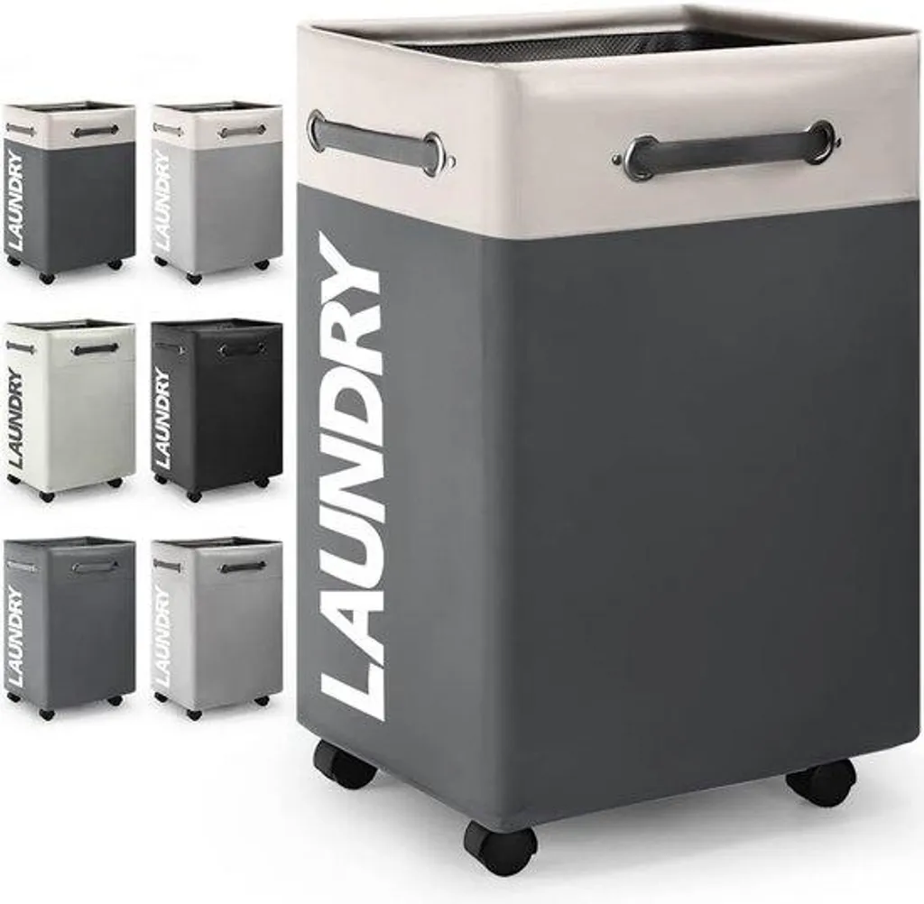 Panier à linge étanche et rabattable 74L blanc et gris avec roulettes