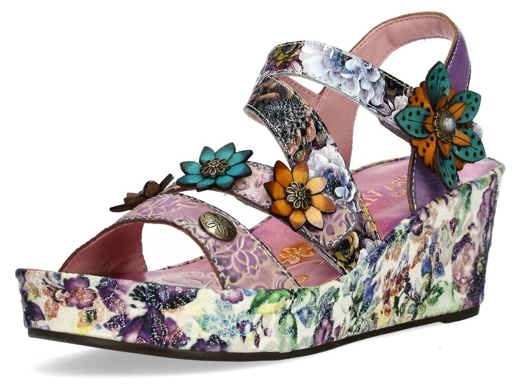 Laura Vita Damen Sandalette mit Blumenmuster und Blüten mit Nieten Facdiao 11, Größe:38 EU, Farbe:Lila