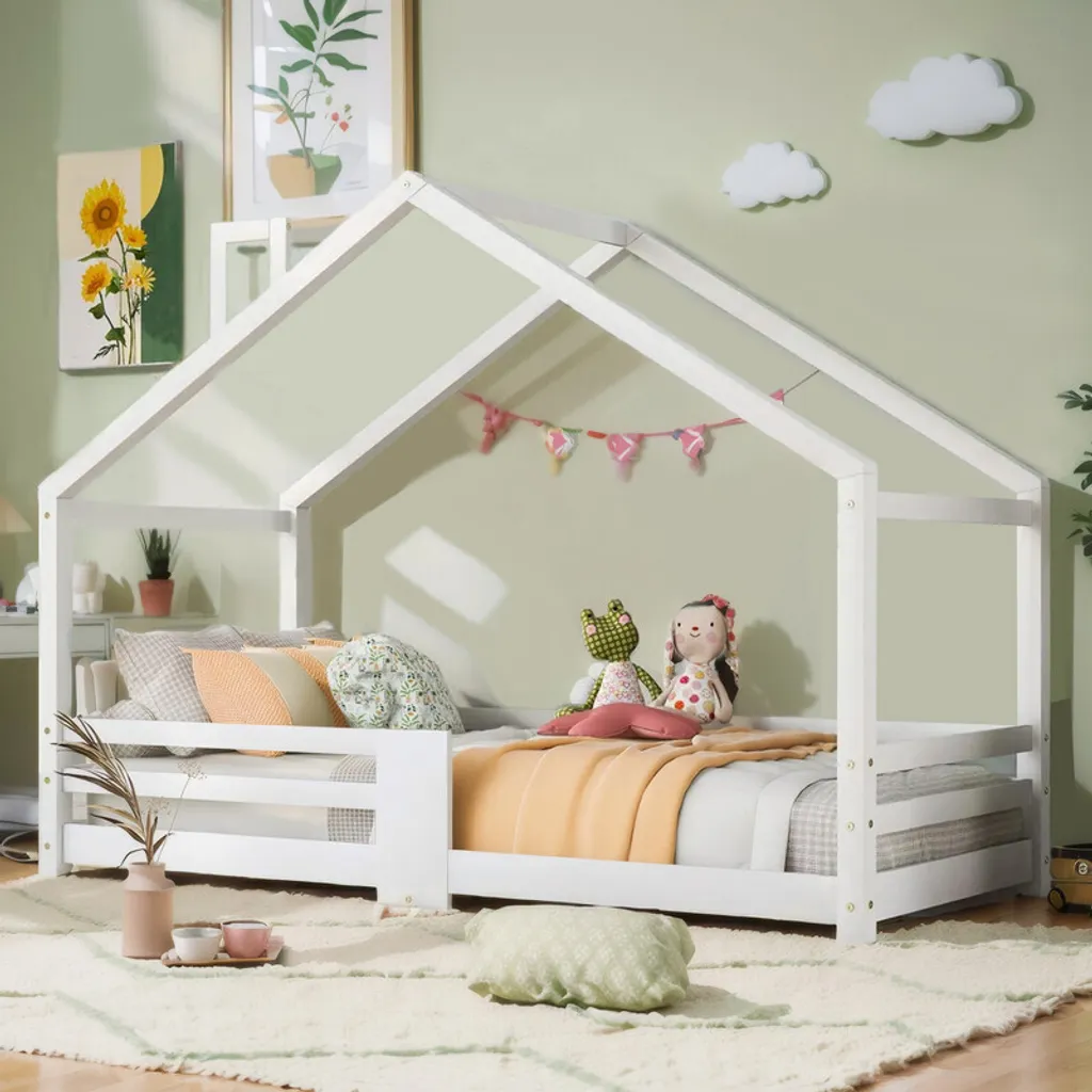 Lit cabane enfant 90x200 cm blanc en pin massif avec sommier et clôture