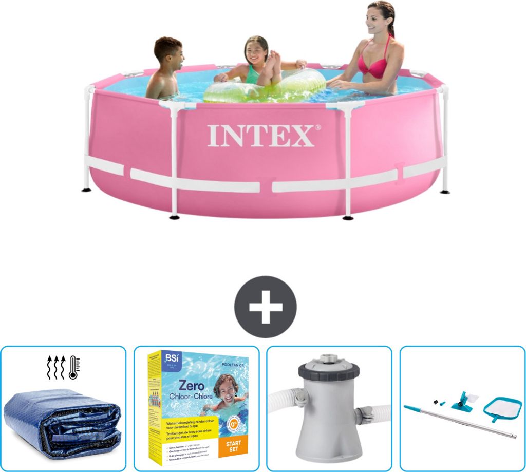 Intex-Schwimmbecken mit rundem Rahmen – 244 x 76 cm – Rosa – im Lieferumfang enthalten Sonnensegel - Wartungspaket - Filterpumpe für Schwimm...