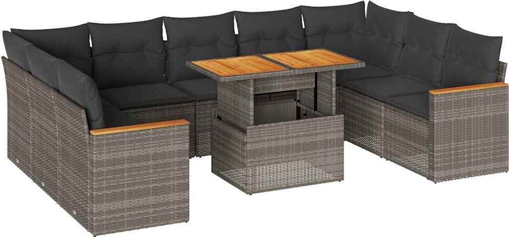 vidaXL 10-tlg. Garten-Sofagarnitur mit Kissen Grau Poly Rattan Akazie