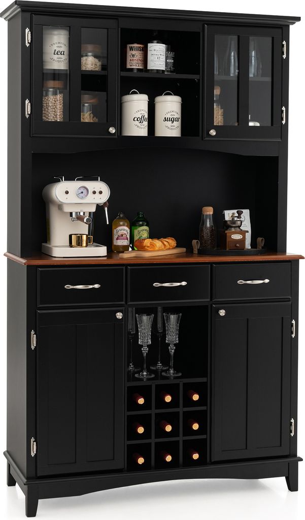 A black kitchen hutch with a wooden countertop, displaying various kitchen items like a coffee machine, jars, and wine glasses.