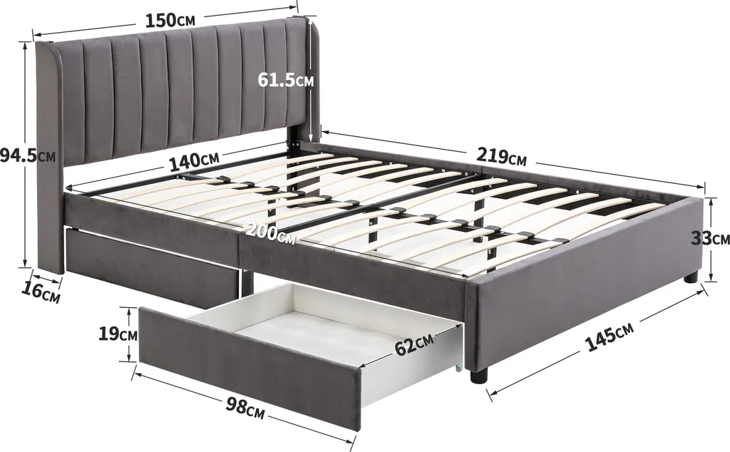Lit 140x200cm avec 2 tiroirs et sommier, structure bois velours gris - 17