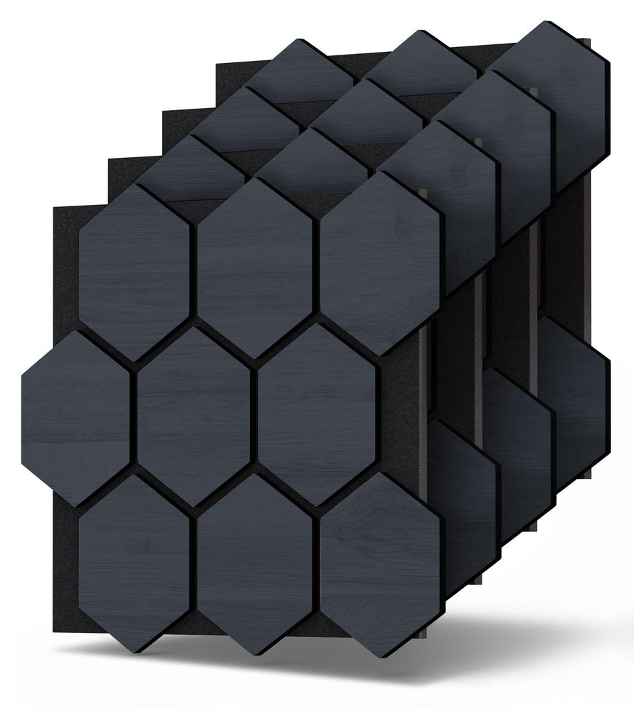 Dalsys 4x Akustikpaneele Holz 76x62cm mit Hexagon-Muster Eiche Schwarz - Wandpaneele Holz für Schallschutz in Büro- & Wohnräumen - Akustik Panee...