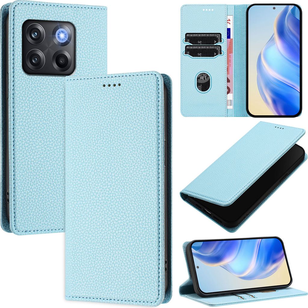 Litchi Leder Handyhülle für OnePlus 10T Wallet Kartenfächer Standfunktion Hülle Hellblau