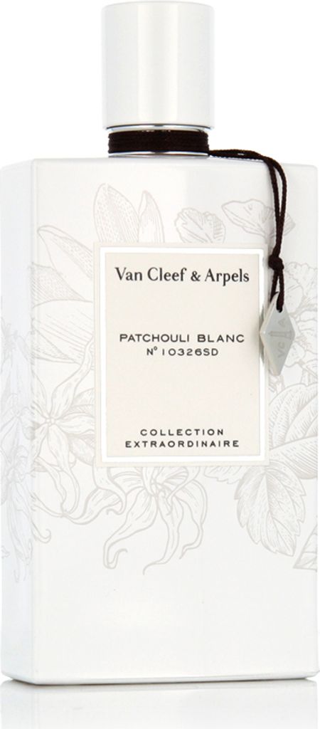 A white bottle of Van Cleef & Arpels Patchouli Blanc perfume from the Collection Extraordinaire.