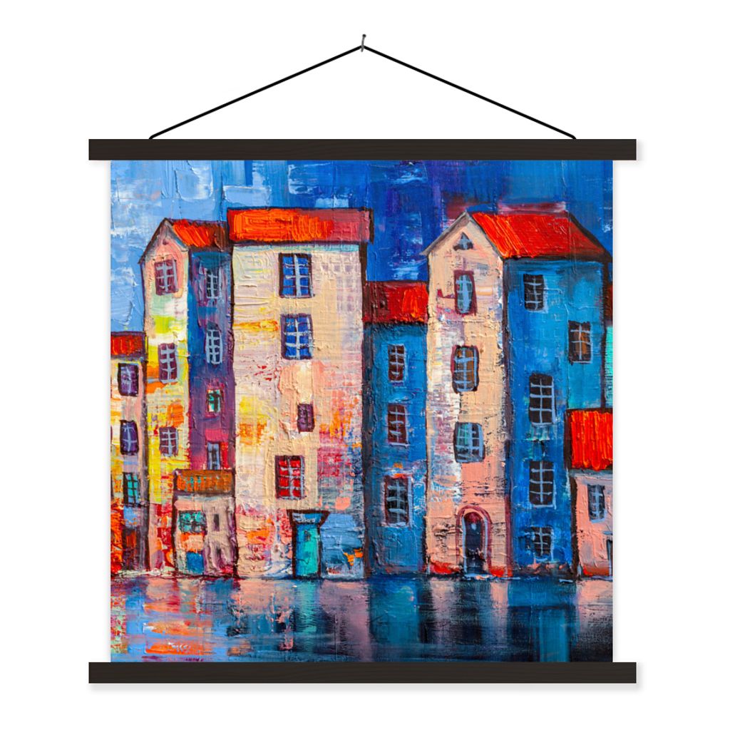 MuchoWow Textilposter Gemälde - Ölfarbe - Haus - Wasser 90x90 cm mit schwarzem Rahmen - Magnetisches