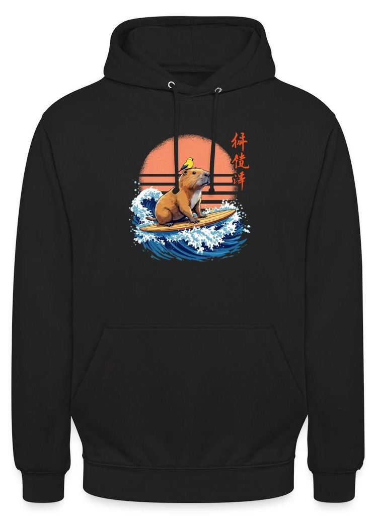 Spreadshirt Surfendes Capybara | Capybara Auf Welle Uni Hoodie, XL, Schwarz