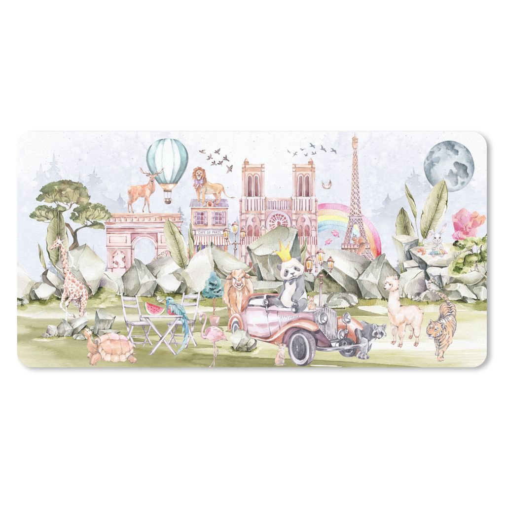 MuchoWow Mauspad Mousepad Paris - Regenbogen - Kinder - Rosa - Mädchen - Tiere 60x30 cm - Mousepads - Maus Mat - Pad - Mausunterlage - Nachhaltig