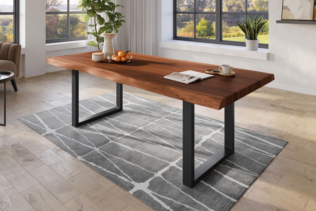 Baumkantentisch 240 x 110 cm Esstisch massiv Akazie Nussbaum U-Gestell Schwarz TITAN