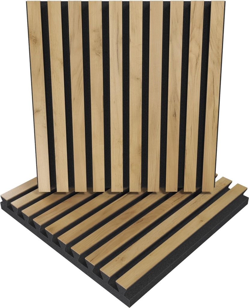 2er-Pack – Lamellen-Schallabsorptions-Diffus-Akustikplatte | 50 x 50 x 5 cm | Farbe: (POLE, Eiche)