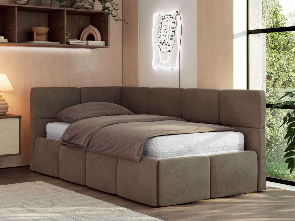 MKS MEBLE Jugendbett 90x200 cm ARVO Polsterbett mit Bettkasten, Mettalrahmen Stauraum & Gasdruckfeder, ohne Matratze - Braun Velvet - Links Seite