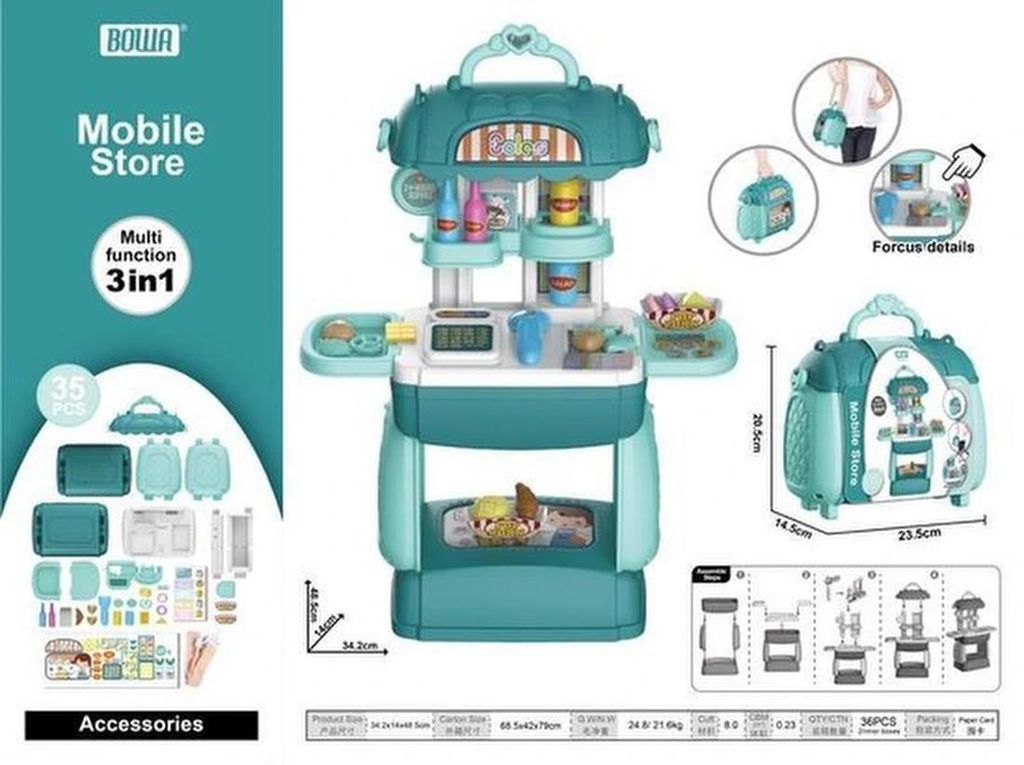 Klein winkeltje 3in1 im praktischen Koffer für fantasievolles Spielen als Marktkraam oder Geschäft