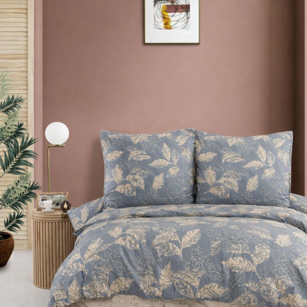 Bettwäsche 200x220 Baumwolle 3-teilig Bettbezug Blaugrau Beige Blattmuster Kissenbezug mit Natur Design, ArinaV1