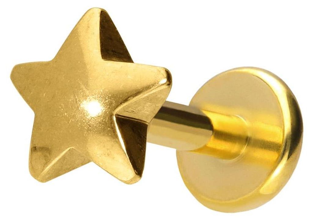 Ohrpiercing, Nasenpiercing Titan Labret mit Push Fit STERN Gold Stablänge: 6mm | Stabstärke: 1,2mm