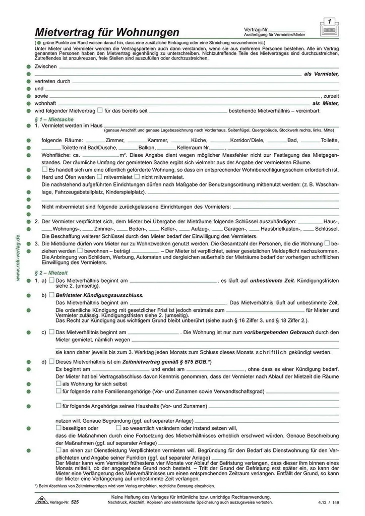 Contrat de location détaillé RNK Verlag 525/10 version 6 pages DIN A4