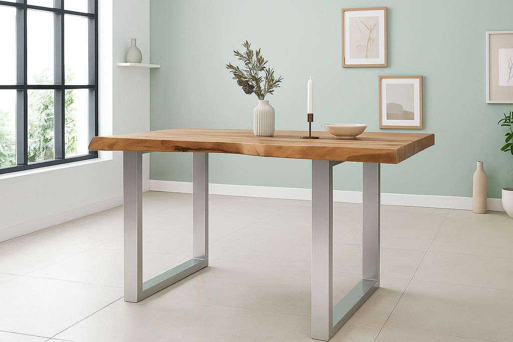 Esstisch Baumkante Akazie massiv 50mm Natur 140 x 80 cm U-Gestell silber CALI