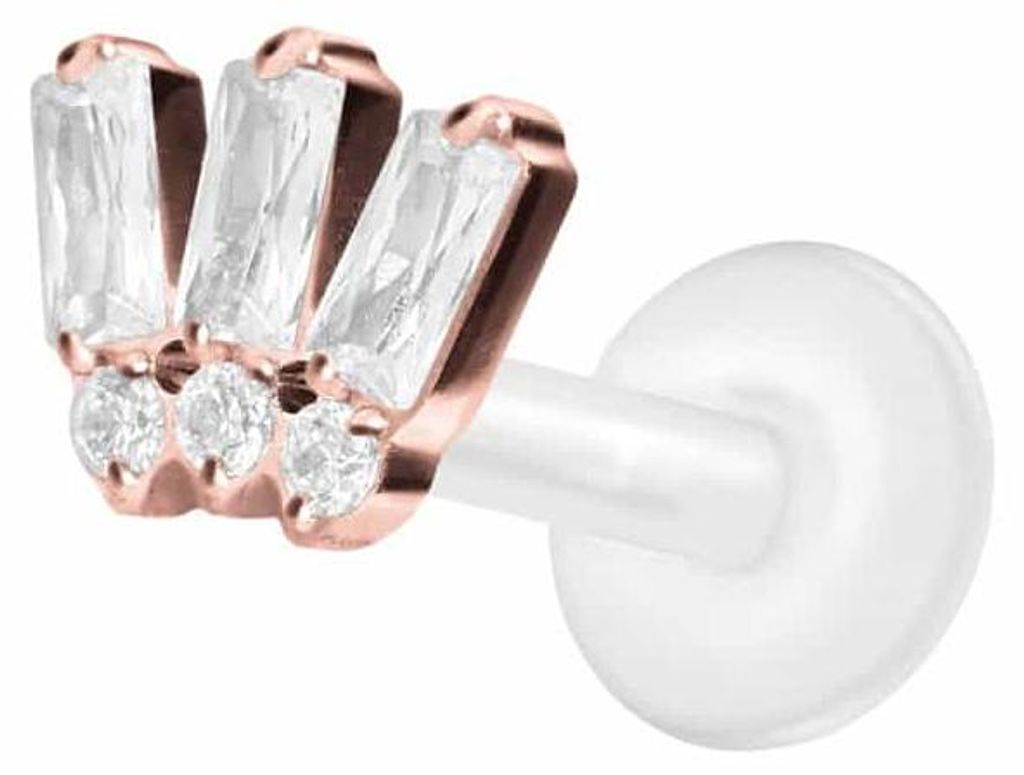 Ohrpiercing, Nasenpiercing PTFE Labret mit Innengewinde + Titan-Aufsatz 6 EINGEFASSTE KRISTALLE RoséGold Stablänge: 6mm | Stabstärke: 1,2mm
