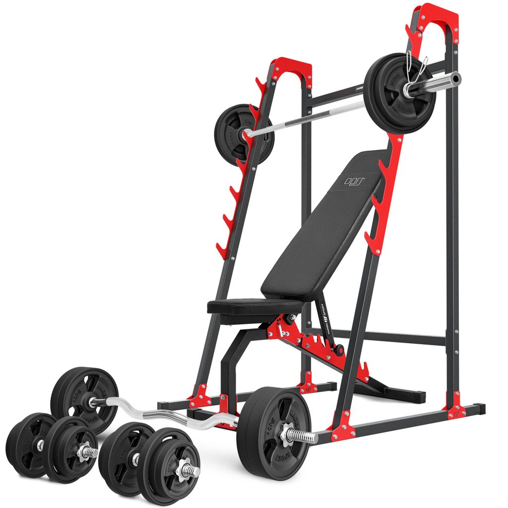 Marbo Sport Set MH8_155KG_KIER_G | beidseitig verstellbare Hantelbank + Langhantelständer + Hantelstangen/Hantelscheiben Set 113 kg