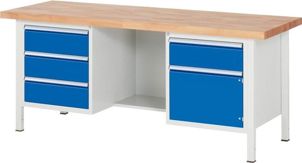 Werkbank mit 1 Schrank - 4 Schubladen - Teilauszug - 180:4 - höhenverstellbar 840-1.040 mm - 2.000 x 700 mm (BxT) - Traglast 1.250 kg - Buche