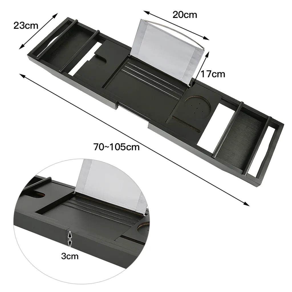 Tablette de bain en bambou noir avec support téléphone intégré