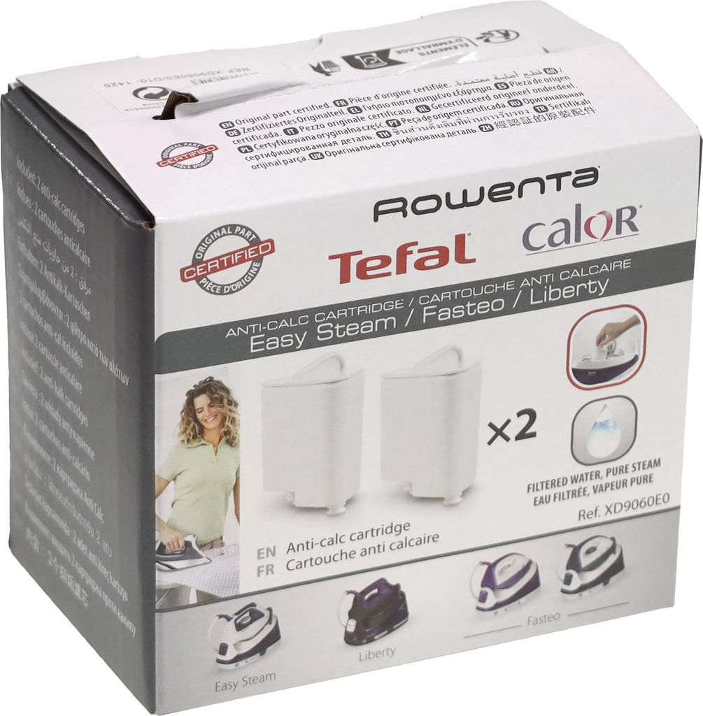 A product box for Tefal anti-calc cartridges, showing the packaging and product details.