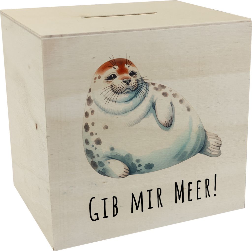 Dicke Robbe Spardose aus Holz mit Spruch Gib mir Meer