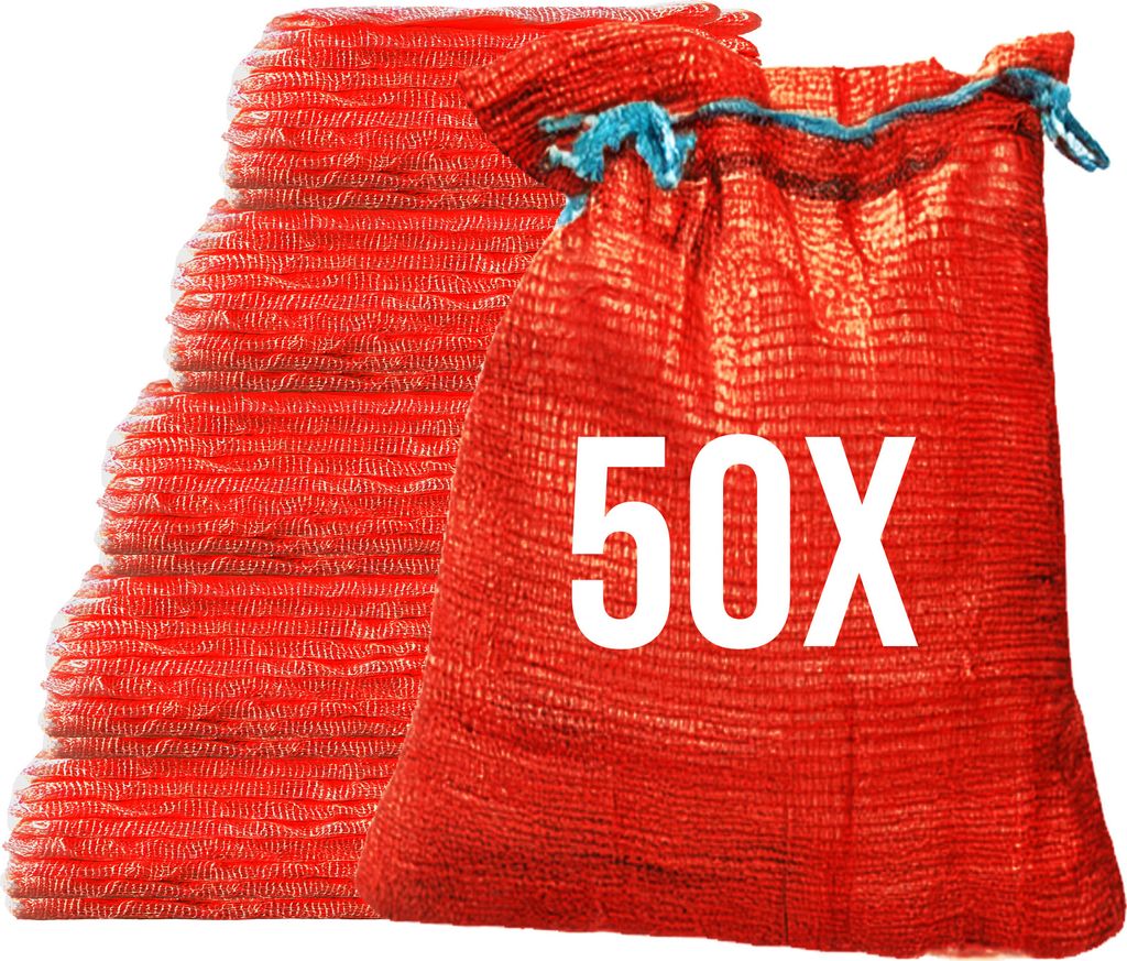 Bazko 50 Stück Raschelsäcke 42x60cm 15kg | rot | Netzsäcke mit Zugband Kartoffelsack Zwiebelsäcke Brennholz Kaminholzsäcke