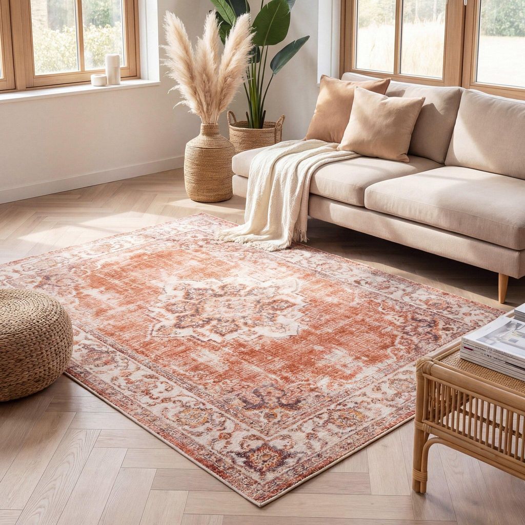 Volero - Teppich Vintage - Spring Medaillon Terracotta Creme - 120x170 cm - Wohnzimmer, Esszimmer, Schlafzimmer - Boho, Klassik, Ländlich, Orienta...