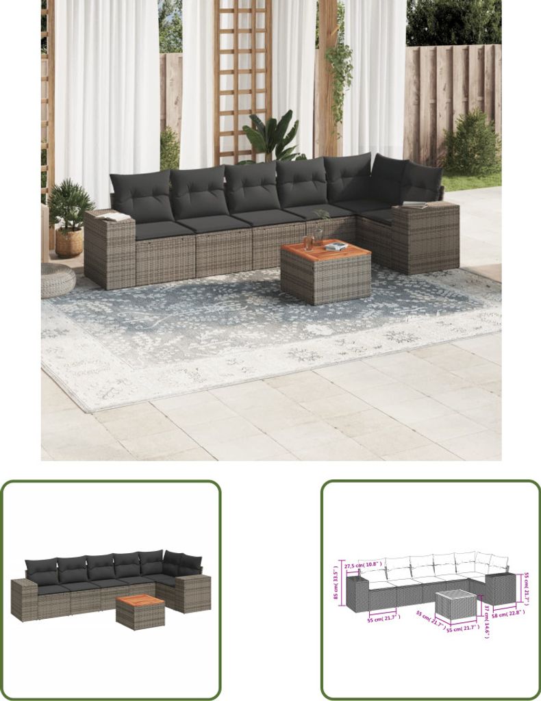 The Living Store 7-tlg. Garten-Sofagarnitur mit Kissen Grau Poly Rattan