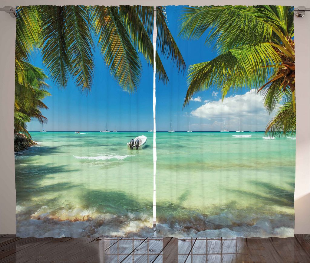 ABAKUHAUS Tropisch Rustikaler Vorhang, Surreal Meer Palme, Wohnzimmer Universalband Gardinen mit Schlaufen und Haken, 280 x 245 cm, Farngrün Türkis