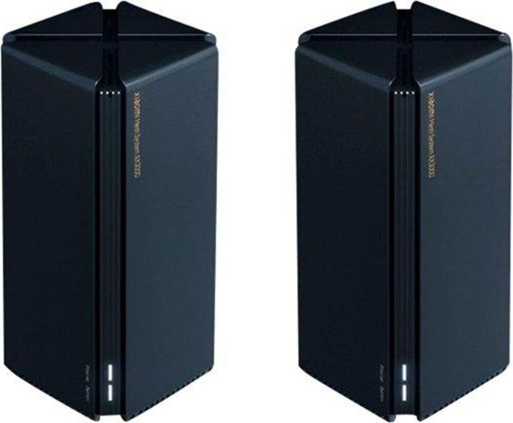 Two black mesh Wi-Fi routers are shown side-by-side against a white background.