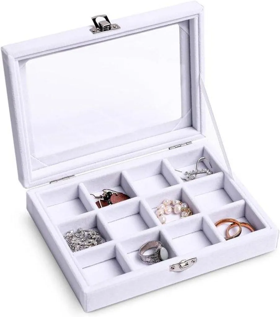 Boîte à bijoux 12 compartiments blanche en cuir avec couvercle vitré