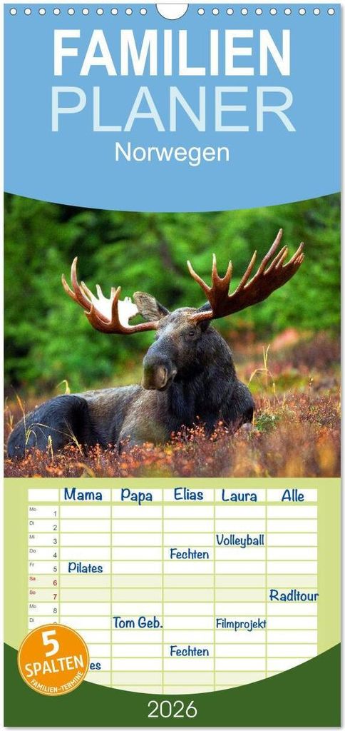 Familienplaner 2026 - Norwegen mit 5 Spalten (Wandkalender, 21 x 45 cm) CALVENDO