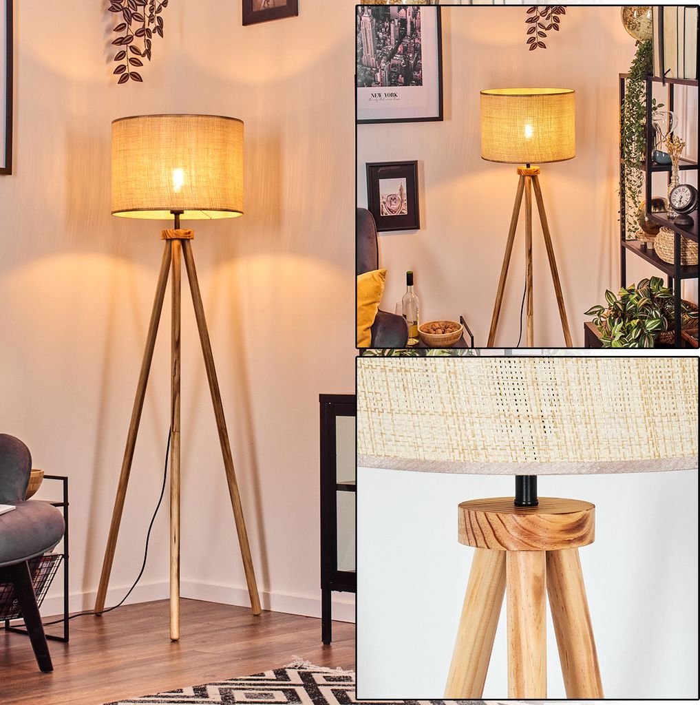 Bruino Stehlampe mit Holzfuß und Schirm aus Papiergeflecht