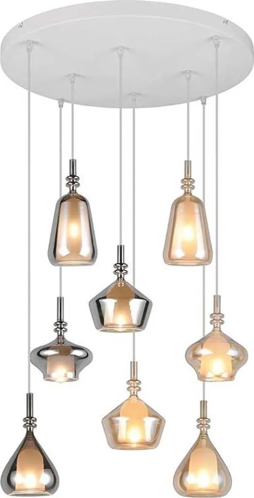 Suspension métal blanc mat E14 à 8 flammes H 300 cm pour grand salon