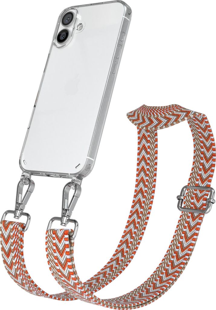 Apple iPhone 16 Plus Chain Eyelets Slim Neck Strap Set Zig Zag light Blue - Red 11 Metall Silver
