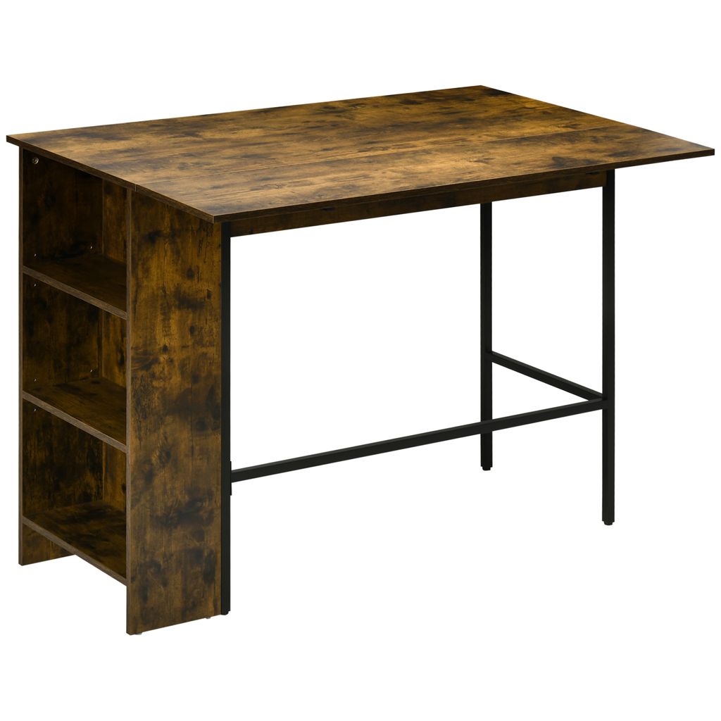 HOMCOM Bartisch mit Stauraum, Bistrotisch, zentrale Insel, klappbare Seitenablage und 3 Regale – 120 x 76 x 91,4 cm, rustikales Braun