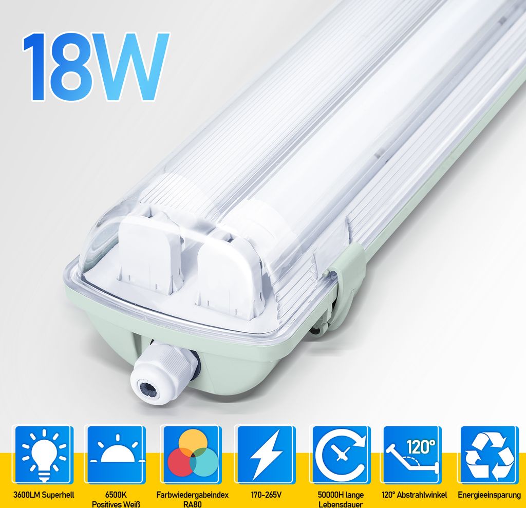 Faziango LED Feuchtraumleuchte Badlampe Keller Wannenleuchte Tube Lamp 120cm 2 x 18W T8 Röhre Kaltweiß 6500K IP65