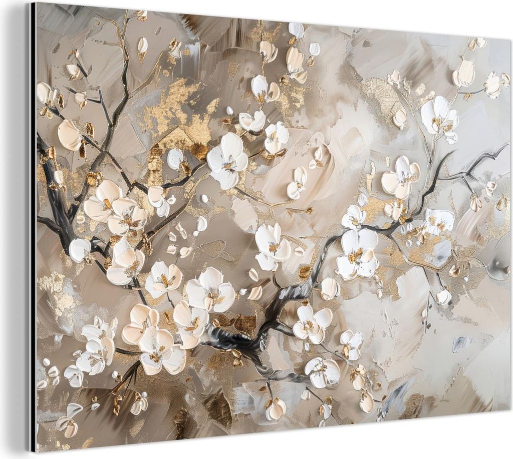 MuchoWow Wanddekoration Metall Metallbild Wandkunst 120x80 cm Blumen - Weiß - Gold - Beige - Luxus MuchoWow Aluminium Gemälde - Alu Bild