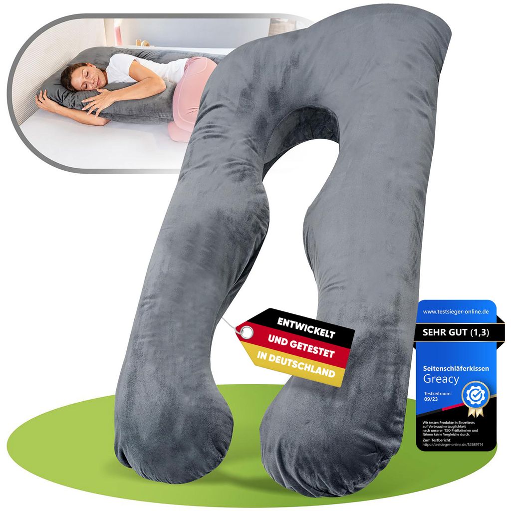 Greacy Amelie Seitenschläferkissen mit Bezug - Stillkissen XXL, Schwangerschaftskissen, Kissen, Body Pillow, Komfortkissen (Anthrazitgrau)