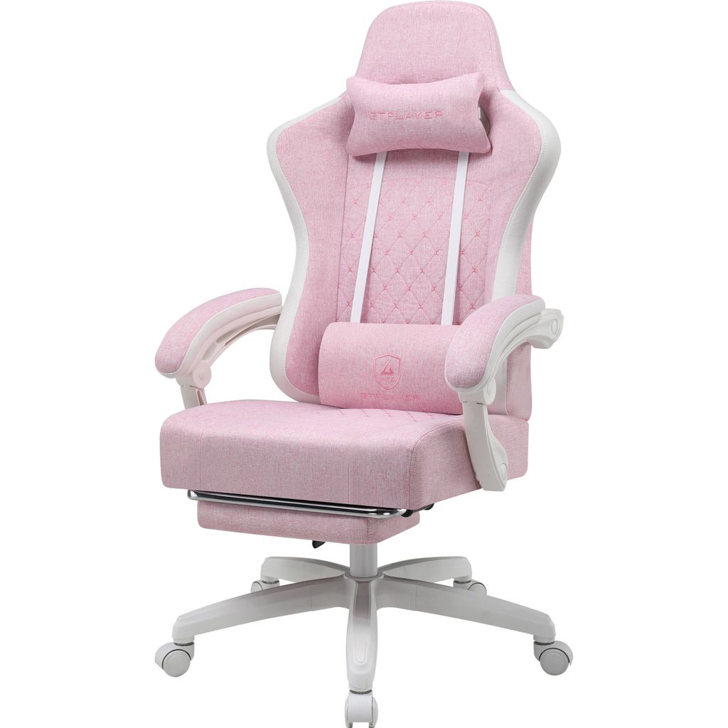 A pink and white gaming chair with a footrest, shown from the front on a white background.