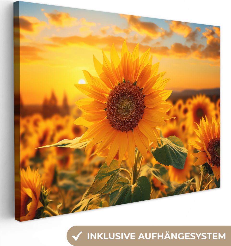 MuchoWow - Leinwandbilder - Sonnenblume - Blumen - Gelb - Blumenfeld mit Sonnenblumen, Wandbild, Wanddeko Bilder Wohnzimmer, 80x60 cm